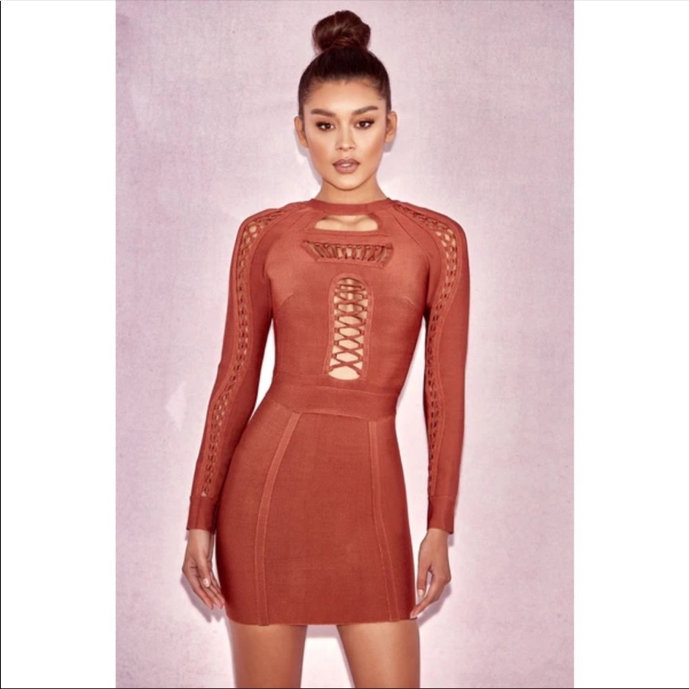 House of CB Lavira Bandage Long Sleeve Mini Dress in Copper sz XS